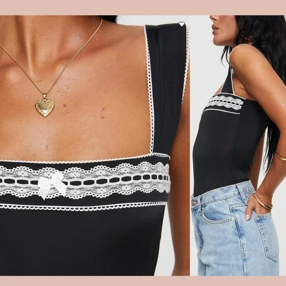 NWD $49‎ Princess Polly [ 4 US ] Square Neck Lace Keating Bodysuit Black #6996 - Picture 3 of 13
